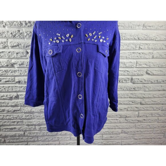 Onque Casual Womens Top 1X Plus Shirt Shacket Large Snaps Rhinestones BLU39E - Picture 4 of 10